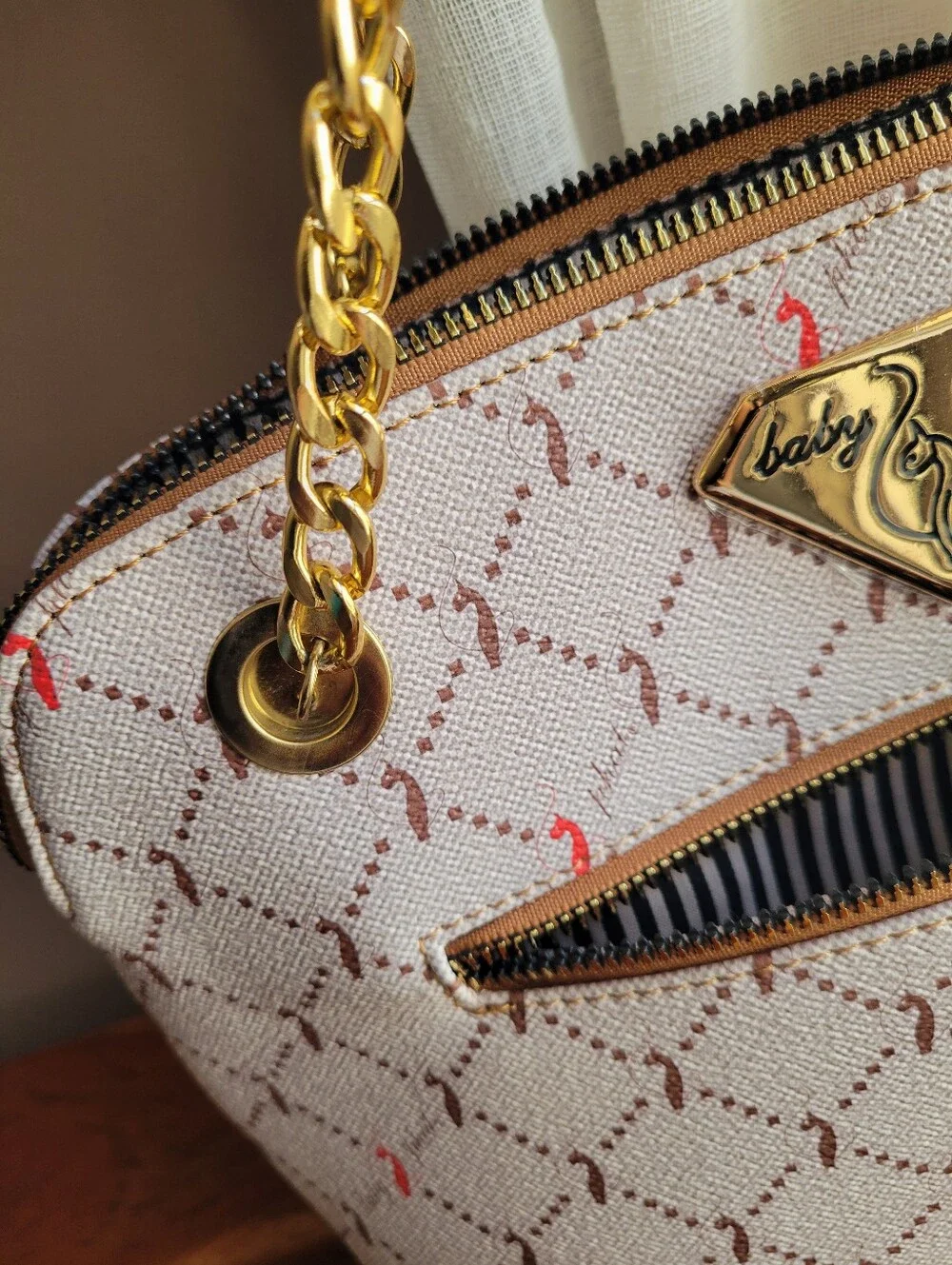 Baby Phat Shoulder Bag Embroidered Flowers Gold Chain Tan Logo - Picture 11 of 12